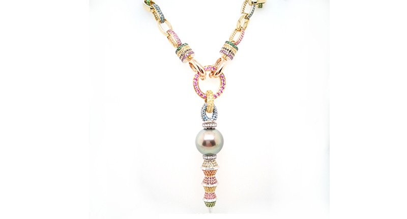 <strong>Best Use of Color.</strong> Rosa Van Parys of Rosa Van Parys Jewelry’s 18-karat yellow gold “Links” necklace featuring a 14.9 mm black Tahitian cultured pearl and multicolored sapphires, tsavorite garnets, aquamarines, multicolored diamonds, and amethysts <strong>Best Use of Color.</strong> Rosa Van Parys of Rosa Van Parys Jewelry’s 18-karat yellow gold “Links” necklace featuring a 14.9 mm black Tahitian cultured pearl and multicolored sapphires, tsavorite garnets, aquamarines, multicolored diamonds, and amethysts