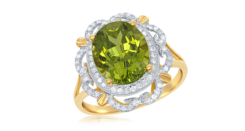 From Lali Jewels comes this 14-karat gold ring with a 4.85-carat oval-shaped peridot center and diamond accents ($2,360).