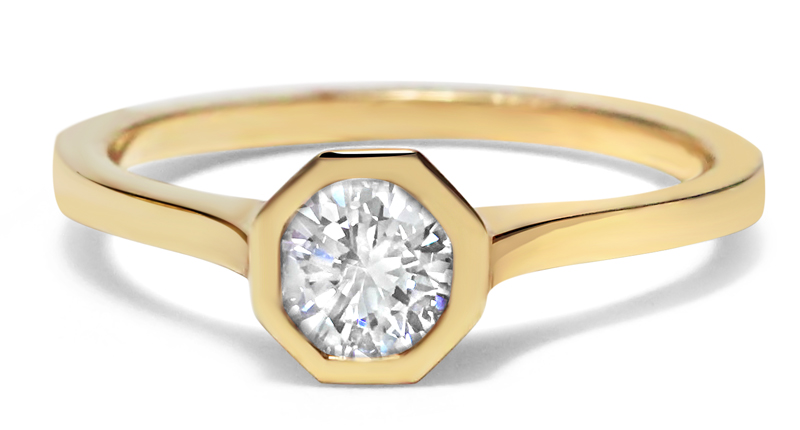 KatKim's take on a simple, solitaire diamond ring involves an unexpected octagonal setting for the round brilliant diamond. This particular version features a 0.30-carat GH, VS diamond and retails for $4,880.