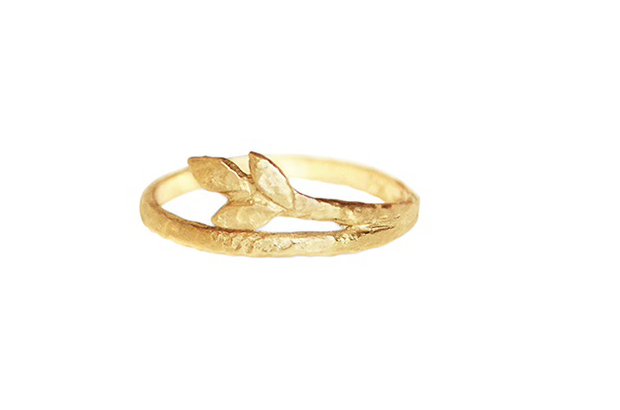 This 14-karat gold “Leafs Twig” band is hand-carved by Anat Kaplan ($780). <a href="http://anoukjewelry.com/" target="_blank"><span style="color: rgb(255, 0, 0);">AnoukJewelry.com</span></a>