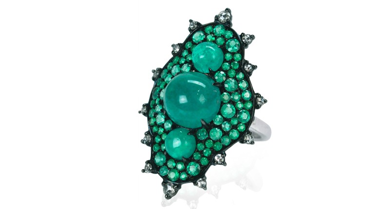 <a href="https://www.namcho.com" target="_blank" rel="noopener">Nam Cho</a> 18-karat white gold and emerald “Snowman Ring” with diamonds ($8,110) 