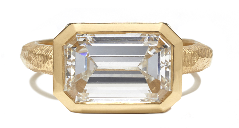 Page Sargisson mixes her handmade ethos, in which the designer's hand feels present in the tactile designs, with an ultra-classic emerald-cut diamond, set East to West. The 3.32-carat diamond set in 18-karat yellow gold retails for $75,000.