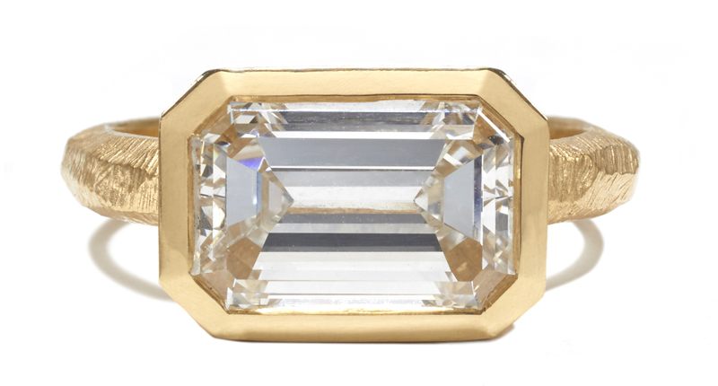 Page Sargisson mixes her handmade ethos, in which the designer's hand feels present in the tactile designs, with an ultra-classic emerald-cut diamond, set East to West. The 3.32-carat diamond set in 18-karat yellow gold retails for $75,000. Page Sargisson mixes her handmade ethos, in which the designer's hand feels present in the tactile designs, with an ultra-classic emerald-cut diamond, set East to West. The 3.32-carat diamond set in 18-karat yellow gold retails for $75,000.