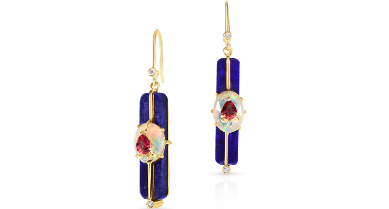 These earrings feature more lapis, with Ethiopian opal and fire opal, all in 14-karat yellow gold ($2,750).