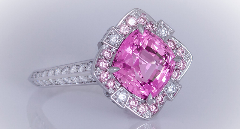 This Barrett Salzmann ring features a 3.66-carat cushion-cut, no-heat sapphire with about 0.30 carats of natural pink diamond melee and D/VVS white melee, in platinum. Price available upon request.
