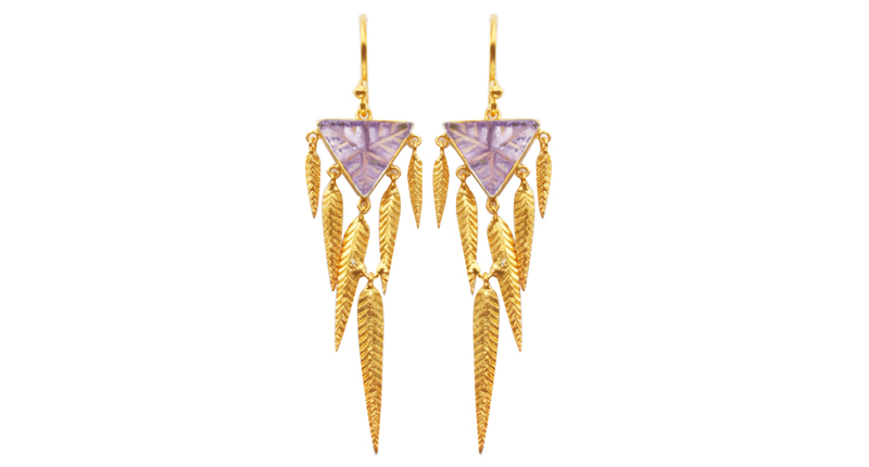 Vanessa Montiel’s 22-karat gold vermeil “Large Bamboo” earrings featuring rose pink quartz over mother-of-pearl hand-carved leaf ($305)