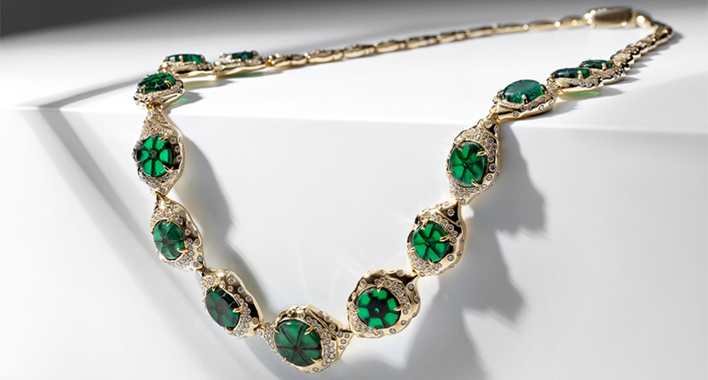 This necklace from <a href="http://www.katflorence.com" target="_blank" rel="noopener noreferrer">Kat Florence</a> features 13 cabochon trapiche emeralds from Colombia totaling 27.11 carats, along with round brilliant-cut D flawless diamonds weighing 4.78 carats set in 18-karat yellow gold (price available upon request). (Image courtesy of Kat Florence) This necklace from <a href="http://www.katflorence.com" target="_blank" rel="noopener noreferrer">Kat Florence</a> features 13 cabochon trapiche emeralds from Colombia totaling 27.11 carats, along with round brilliant-cut D flawless diamonds weighing 4.78 carats set in 18-karat yellow gold (price available upon request). (Image courtesy of Kat Florence)