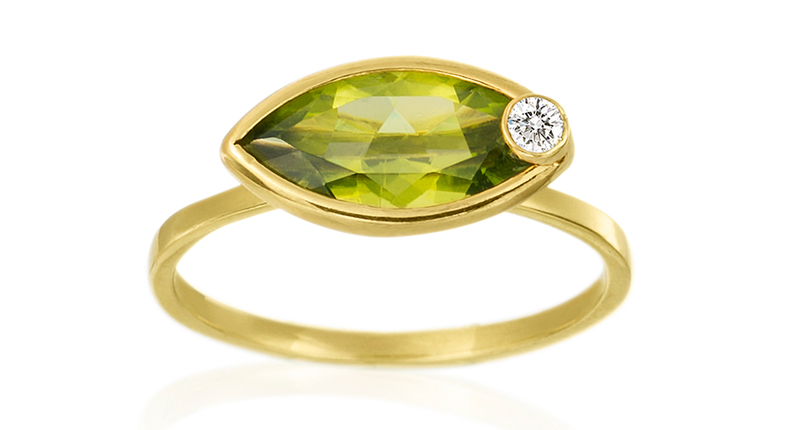 Zaiken’s east-west-set marquise peridot and diamond ring in 18-karat yellow gold from the “Throwing Stones” collection ($1,750)