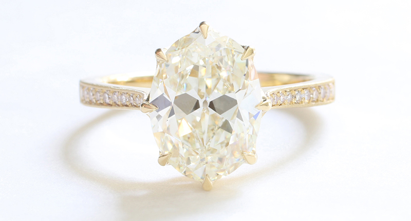 The “Victoria” solitaire from Erika Winters embodies two trends: it features a diamond that is both antique and an oval cut. The Victoria is crafted in 18-karat yellow gold and the diamond is 2.80 carats; price available upon request.