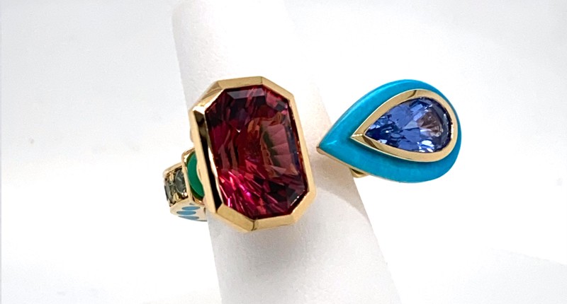 <strong>Evening Wear.</strong> Michael Tope of Raintree LLC’s 18-karat yellow and rose gold and platinum “Casatheia” ring featuring an 8.40-carat rubellite tourmaline paired with a 2.33-carat blue sapphire accented with chrysoprase, Montana sapphires (1.68 total carats), diamonds (0.40 total carats), and a pear-cut turquoise <strong>Evening Wear.</strong> Michael Tope of Raintree LLC’s 18-karat yellow and rose gold and platinum “Casatheia” ring featuring an 8.40-carat rubellite tourmaline paired with a 2.33-carat blue sapphire accented with chrysoprase, Montana sapphires (1.68 total carats), diamonds (0.40 total carats), and a pear-cut turquoise