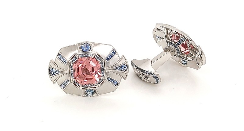 Men’s Wear. Jeremy Dunn of Dunn & Co.’s platinum cufflinks featuring Asscher-cut pyrope/spessartite garnets (5.83 total carats) and blue sapphire melee (1.35 total carats) Men’s Wear. Jeremy Dunn of Dunn & Co.’s platinum cufflinks featuring Asscher-cut pyrope/spessartite garnets (5.83 total carats) and blue sapphire melee (1.35 total carats)