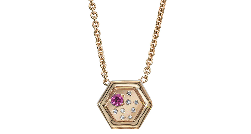 GiGi Ferranti “Favo” small pendant with rhodolite garnet and burnished diamonds set in 14-karat yellow gold ($1,150) <br /><a href="http://www.gigiferrantijewelry.com" target="_blank" rel="noopener noreferrer">GigiFerrantiJewelry.com</a>