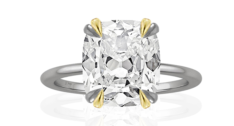 This version of the “Whitney” ring from <a href="https://k-kane.com/" target="_blank" rel="noopener">K Kane</a> features a cushion-cut center stone on an 18-karat yellow gold and black rhodium-plated 18-karat white gold mounting. Price upon request.