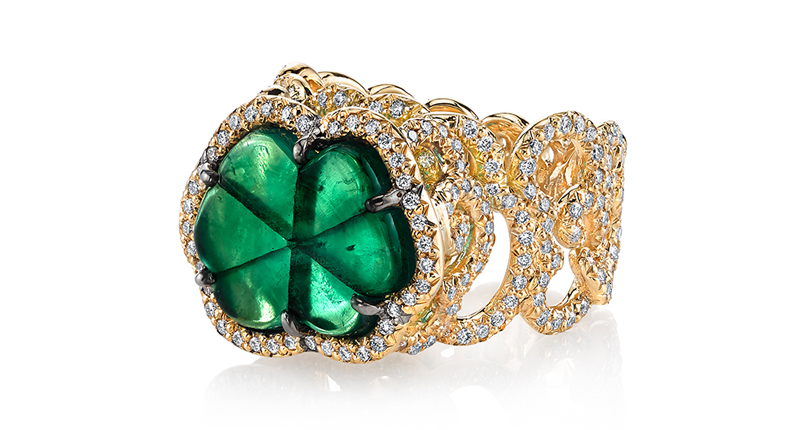<a href="https://www.ericacourtney.com/" target="_blank" rel="noopener noreferrer">Erica Courtney’s</a> 18-karat yellow gold “Cloud” ring, featuring a 6.24-carat trapiche emerald accented with 1.60 carats of diamonds ($45,500).