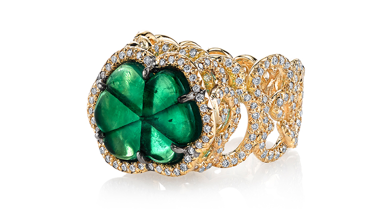 <a href="https://www.ericacourtney.com/" target="_blank" rel="noopener noreferrer">Erica Courtney’s</a> 18-karat yellow gold “Cloud” ring, featuring a 6.24-carat trapiche emerald accented with 1.60 carats of diamonds ($45,500). <a href="https://www.ericacourtney.com/" target="_blank" rel="noopener noreferrer">Erica Courtney’s</a> 18-karat yellow gold “Cloud” ring, featuring a 6.24-carat trapiche emerald accented with 1.60 carats of diamonds ($45,500).
