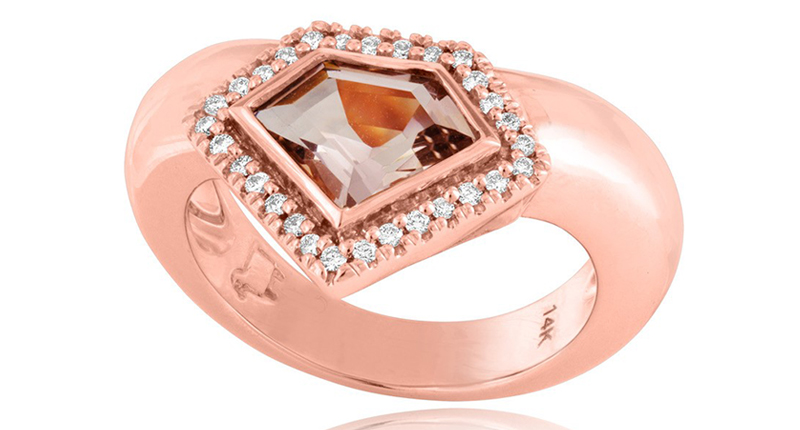 <a href="https://julielambny.com/" target="_blank" rel="noopener">Julie Lamb’s</a> “Metropolis Chevron” ring in 14-karat rose gold is set with a custom-cut morganite and 29 diamonds ($3,000).