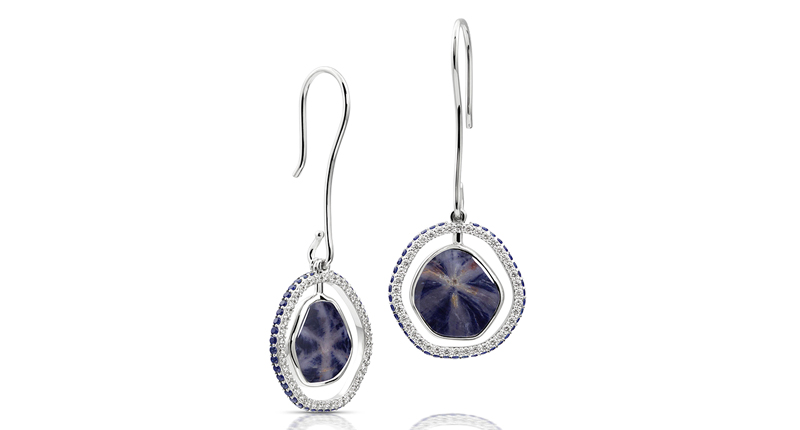 A pair of 18-karat white gold interchangeable earrings by <a href="https://www.lindsayjanedesigns.com/" target="_blank" rel="noopener noreferrer">Lindsay Jane Designs</a> featuring trapiche sapphires and diamonds ($9,000). (Photo credit: Sara Rey Jewelry Photography) A pair of 18-karat white gold interchangeable earrings by <a href="https://www.lindsayjanedesigns.com/" target="_blank" rel="noopener noreferrer">Lindsay Jane Designs</a> featuring trapiche sapphires and diamonds ($9,000). (Photo credit: Sara Rey Jewelry Photography)
