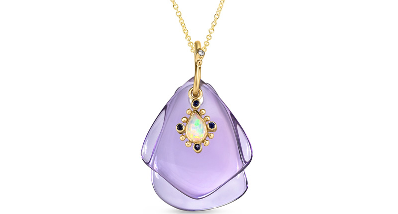 From the “Water & Ice” collection, two custom-cut amethysts layered with an Ethiopian opal and sapphire pendant, all in 14-karat yellow gold ($1,350)