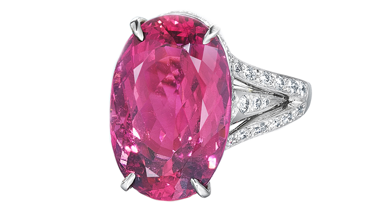 This rubellite and diamond ring in platinum from <a href="https://www.oscarheyman.com/" target="_blank" rel="noopener">Oscar Heyman</a> features a 13.24-carat center stone. It retails for $48,000.