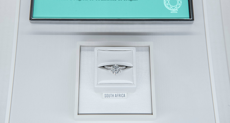 In addition to the map and the explanation of the Diamond Source Initiative, Tiffany is displaying select stones with their country of origin, like the diamond from South Africa seen here. In addition to the map and the explanation of the Diamond Source Initiative, Tiffany is displaying select stones with their country of origin, like the diamond from South Africa seen here.