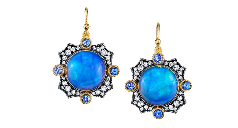 <p><a href="https://www.armansarkisyan.com" target="_blank" rel="noopener">Arman Sarkisyan</a> 22-karat gold and oxidized silver opal cabochon drop earrings with sapphires and diamonds  ($10,960) </p>