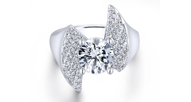 Gabriel & Co.’s “Breeze” ring in 14-karat white gold with diamonds ($2,400, not including center stone)