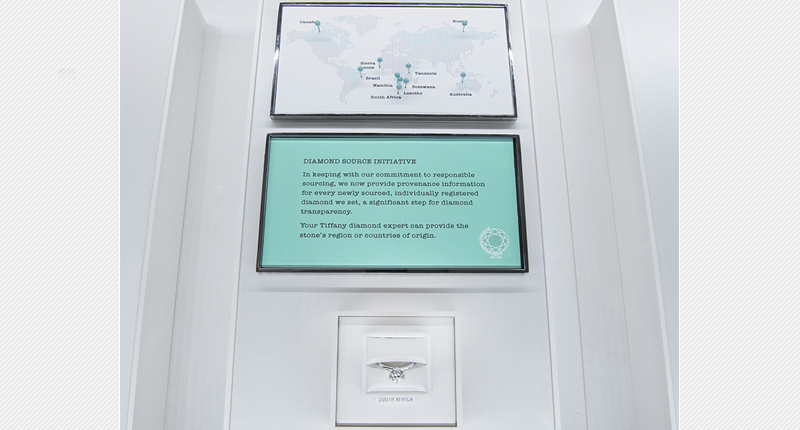 The Diamond Source Initiative displays in Tiffany’s showcases consist of, from top to bottom, the retailer’s diamond sourcing map, an explanation of the initiative and a single diamond labeled with country of origin, like this stone from South Africa. The Diamond Source Initiative displays in Tiffany’s showcases consist of, from top to bottom, the retailer’s diamond sourcing map, an explanation of the initiative and a single diamond labeled with country of origin, like this stone from South Africa.
