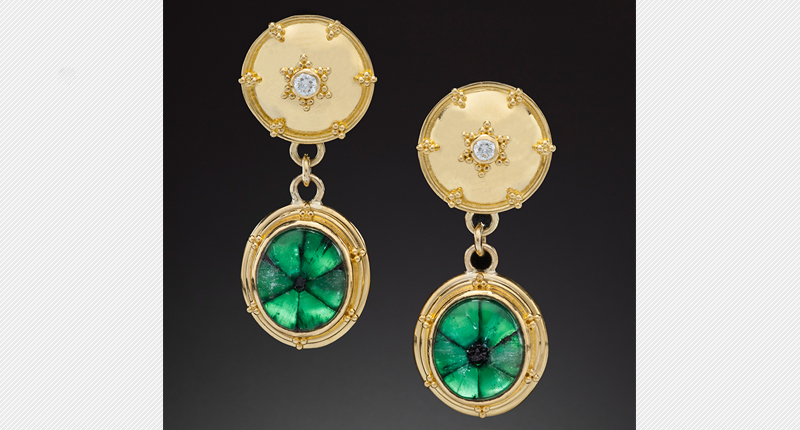 These earrings from goldsmith <a href="http://paulfarmergold.com/index.html" target="_blank" rel="noopener noreferrer">Paul Farmer</a> feature 7.42 carats of emeralds which feature both the trapiche and cat’s eye phenomenon ($21,500). (Photo credit: Jeff Scovil).