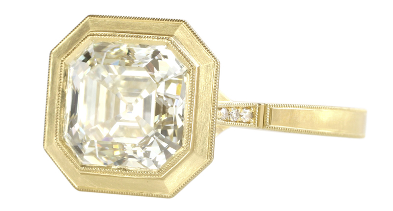 Seattle-based Erika Winters frequently creates bridal styles in yellow gold, which look contemporary in her signature brushed finish. Her Mariana Bezel ring pictured is shown with a square, emerald-cut diamond. (Price available upon request.)<br /><a href="http://www.erikawinters.com/" target="_blank" rel="noopener noreferrer">ErikaWinters.com</a>