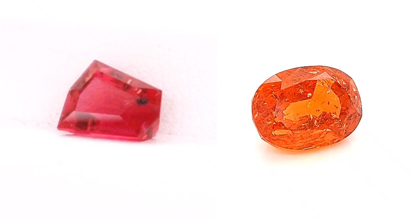 <strong>North American Mined Gemstones.</strong> A tie between David Nassi of 100% Natural Ltd.’s 0.80-carat shield-shaped untreated red beryl from Utah, at left, and Edward Wilsek of Wilsek & Co.’s 35.43-carat oval faceted spessartite garnet from Virginia, at right <strong>North American Mined Gemstones.</strong> A tie between David Nassi of 100% Natural Ltd.’s 0.80-carat shield-shaped untreated red beryl from Utah, at left, and Edward Wilsek of Wilsek & Co.’s 35.43-carat oval faceted spessartite garnet from Virginia, at right