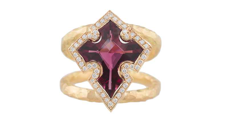 Pamela Froman “Majestic” cross ring with a 5.57-carat rhodolite garnet surrounded by diamond pave and set in 18-karat yellow gold ($9,600) <br /><a href="http://www.pamelafroman.com" target="_blank" rel="noopener noreferrer">PamelaFroman.com</a>