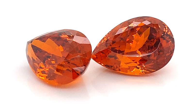<strong>Pairs & Suites.</strong> David Nassi of 100% Natural Ltd.’s pair of pear-shaped spessartite garnets also won first place in this category. <strong>Pairs & Suites.</strong> David Nassi of 100% Natural Ltd.’s pair of pear-shaped spessartite garnets also won first place in this category.