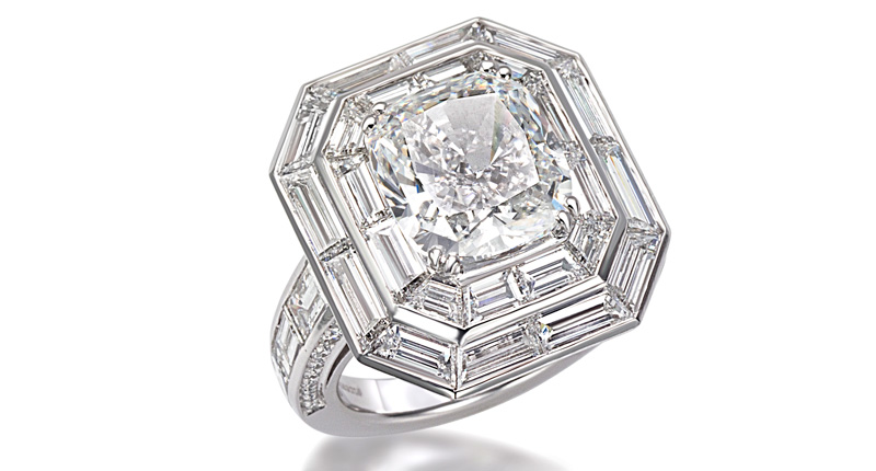 This <a href="http://www.picchiotti.it/ENG/index.php" target="_blank" rel="noopener">Picchiotti</a> ring embodies two trends: the continuing popularity of both the cushion cut and the Art Deco era. Its 5.26-carat center stone (F, VS2) is a cushion-cut diamond that’s set into an Art Deco-style design complete with 4.68 carats of baguettes and 0.26 carats of round diamonds in a platinum setting ($417,000).