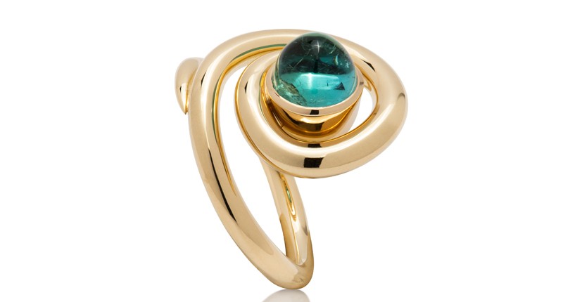 <p><a href="https://www.gumuchian.com" target="_blank" rel="noopener">Gumuchian</a> 18-karat yellow gold “Maze” ring with a cabochon green tourmaline ($4,200) </p>