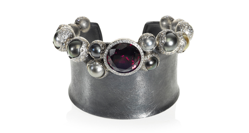 Todd Reed cuff bracelet in palladium, sterling silver with patina, garnet, white brilliant-cut diamonds and Tahitian pearls (price upon request) <br /><a href="http://www.toddreed.com" target="_blank" rel="noopener noreferrer">ToddReed.com</a>