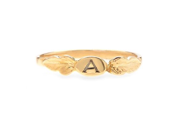 This tiny two-leaf signet ring in 14-karat yellow gold with a hand-engraved initial by Lori McLean is delicate and meaningful ($460). <a target="_blank" href="http://lorimclean.com/"><span style="color: #ff0000;">L</span></a><span style="color: #ff0000;"><a target="_blank" href="http://lorimclean.com/"><span style="color: #ff0000;">oriMcLean.com</span></a></span>