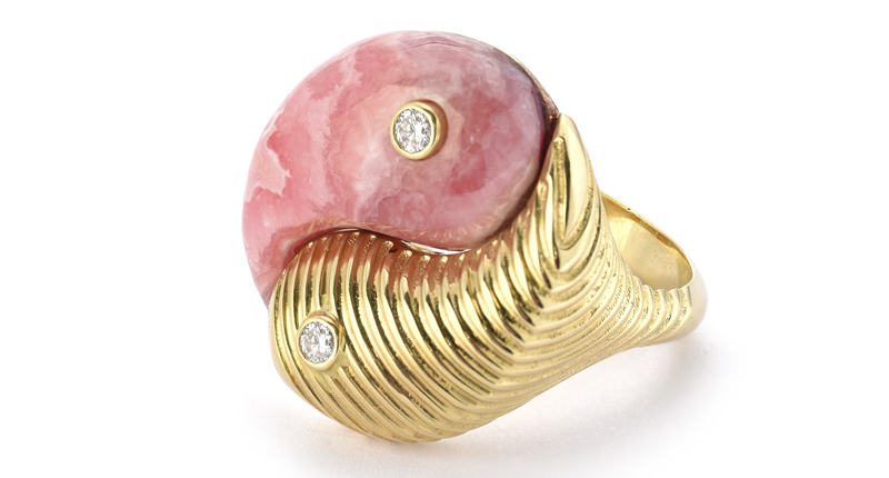 Retrouvaí Yin Yang ring in 14-karat yellow gold with rhodochrosite and diamond ($3,430). The brand will exhibit at Couture with For Future Reference, booth 601. Retrouvaí Yin Yang ring in 14-karat yellow gold with rhodochrosite and diamond ($3,430). The brand will exhibit at Couture with For Future Reference, booth 601.