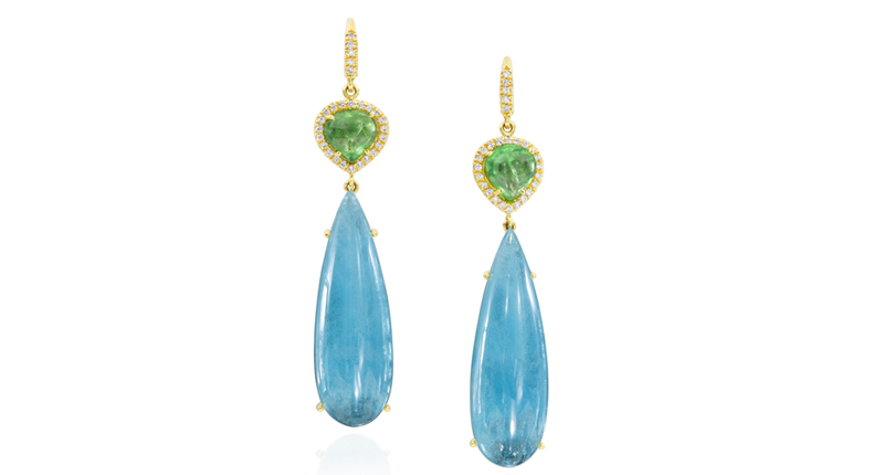 Lauren K Fine Jewelry 18-karat yellow gold aquamarine, tsavorite and diamond earrings ($4,450). The brand will exhibit at JCK Luxury, booth LUXP28067. Lauren K Fine Jewelry 18-karat yellow gold aquamarine, tsavorite and diamond earrings ($4,450). The brand will exhibit at JCK Luxury, booth LUXP28067.