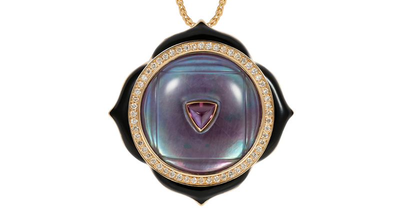 Noor Fares’ 18-karat yellow gold pendant with ruby, mother-of-pearl and rock crystal base, rhodolite garnet and diamonds ($5,779). The brand will exhibit at Couture in the Design Atelier, booth DA15. Noor Fares’ 18-karat yellow gold pendant with ruby, mother-of-pearl and rock crystal base, rhodolite garnet and diamonds ($5,779). The brand will exhibit at Couture in the Design Atelier, booth DA15.