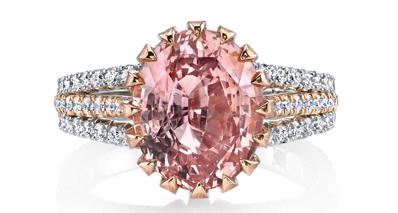 Omi Privé’s platinum and 18-karat rose gold ring with 8.18-carat no-heat oval padparadscha sapphire surrounded by 0.74 carats of brilliant round diamonds Omi Privé’s platinum and 18-karat rose gold ring with 8.18-carat no-heat oval padparadscha sapphire surrounded by 0.74 carats of brilliant round diamonds