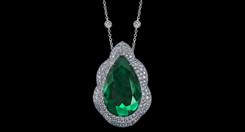 Robert Procop platinum pendant, featuring a 24.45-carat emerald and diamonds, weighing 4.08 ctw. (Price available upon request)