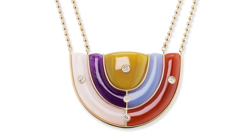 <p>Brent Neale “Marianne Necklace” in 18-karat yellow gold with moonstone, amethyst, yellow chalcedony, blue chalcedony, carnelian and diamonds ($28,000)</p>