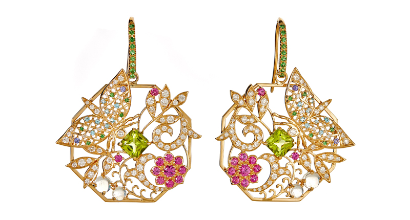 The Mosaique Butterfly and Flower Earrings in 18-karat yellow gold with white diamond, peridot, ruby, moonstone, tsavorite garnet and blue topaz The Mosaique Butterfly and Flower Earrings in 18-karat yellow gold with white diamond, peridot, ruby, moonstone, tsavorite garnet and blue topaz