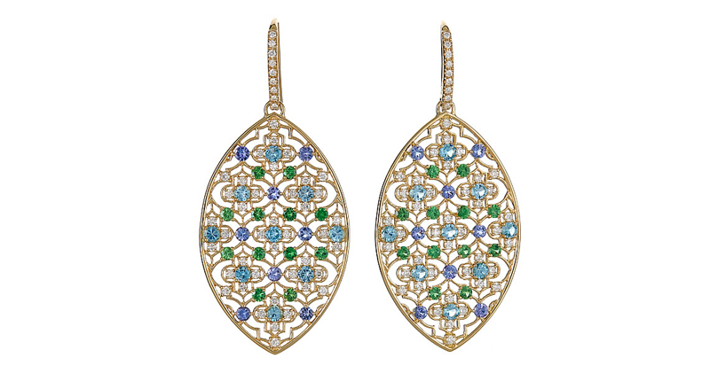 Mosaique Leaf Drop Earrings in 18-karat yellow gold with white diamond, blue topaz, tanzanite and tsavorite garnet Mosaique Leaf Drop Earrings in 18-karat yellow gold with white diamond, blue topaz, tanzanite and tsavorite garnet