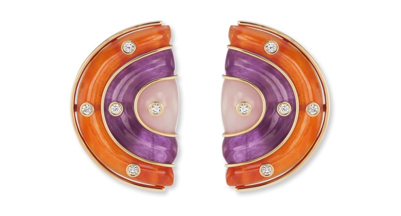 18-karat yellow gold “Marianne Earrings” with carnelian, amethysts, pink opals and diamonds ($14,800)