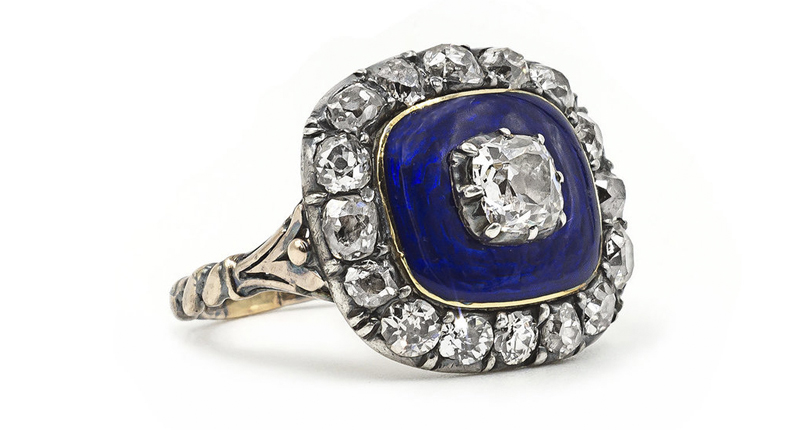 Also from The Moonstoned, a “museum-worthy” ring from the era of George III. The gold ring features diamonds and guilloche enamel, “a style of enamel in which you can see through the enamel to the delicate patterns in the gold underneath,” explained Potts. 