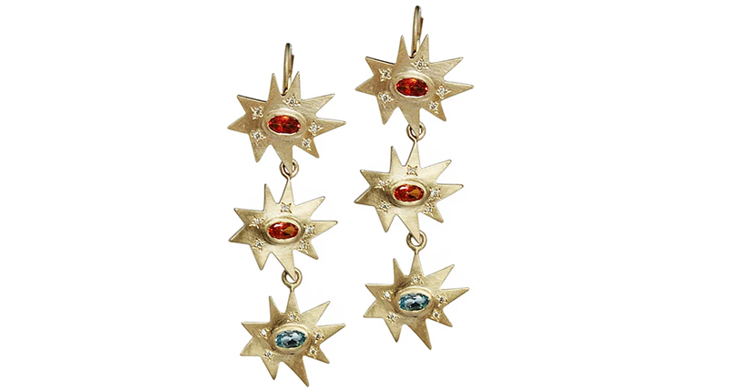 <a href="http://www.emilykuvin.com" target="_blank" rel="noopener">Emily Kuvin</a> 14-karat matte yellow gold triple Stellina earrings with blue topaz, poppy passion topaz and diamonds ($3,700) <a href="http://www.emilykuvin.com" target="_blank" rel="noopener">Emily Kuvin</a> 14-karat matte yellow gold triple Stellina earrings with blue topaz, poppy passion topaz and diamonds ($3,700)