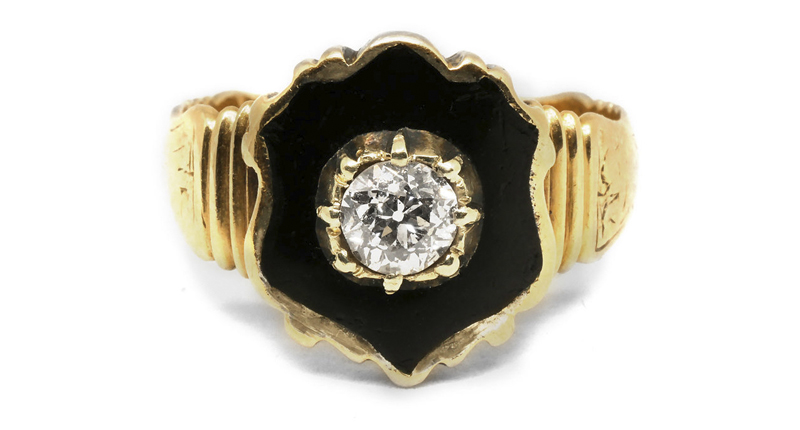 “This would have been used as an example in a jeweler’s shop of a mourning ring for purchase,” explained Potts, who still has the piece for sale on her site. “It doesn’t have a name dedicated to it inside, but it is fully hallmarked and dated for 1776. The black enamel is beautiful and I love the shield shape.”