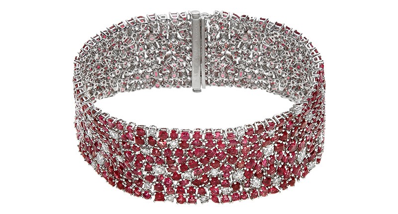 This bracelet from Equatorian Imports is set with 24.12 total carats of red beryl and 4.78 carats of diamonds in platinum.
