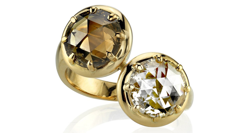 <a href="https://www.singlestone.com/products/bypass-cori" target="_blank" rel="noopener">Single Stone</a> 18-karat yellow gold “Bypass Cori” ring with a light brown rose-cut diamond ($28,000)